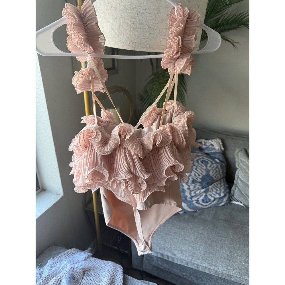 Free People Intimately Ruffle Bodysuit Pink Pleated Ruffle Size S - Picture 2 of 11